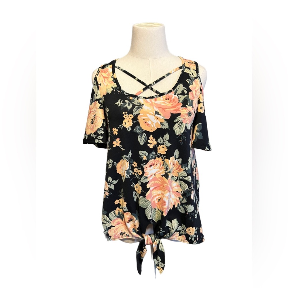 Threads Studio Black Floral Cold Shoulder Top
